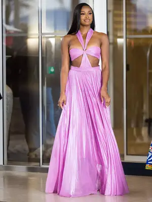 Coco Jones wears a metallic azalea Jean-Louis Sabaji dress at the 2023 Cannes Film Festival