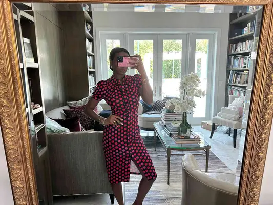 woman in a polka dot dress