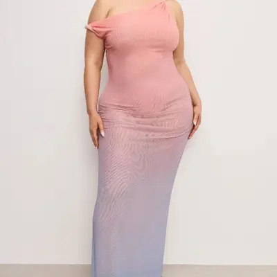 Model wearing a pick and blue ombre mesh dress with twist straps 