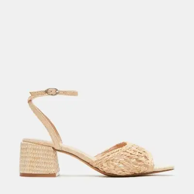Side profile of a raffia open toe heel