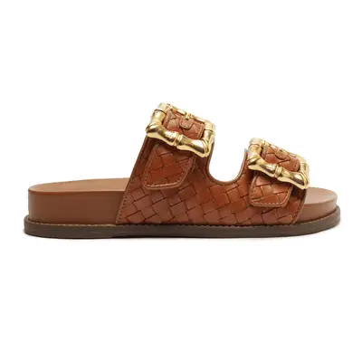 Schutz Enola Sporty Woven Leather Flat sandal in cognac brown