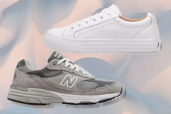 Two of the sneakers we recommend for wide feet in front of a hazy background