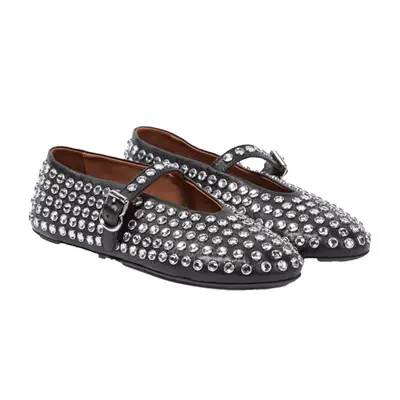 Alaia Embellished Leather Ballet Flats in black with clear rhinestones