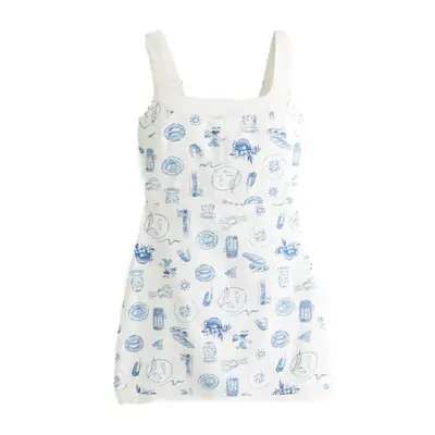 Abercrombie & Fitch Linen-Blend Wide Strap Mini Dress in blue and white food toile pattern
