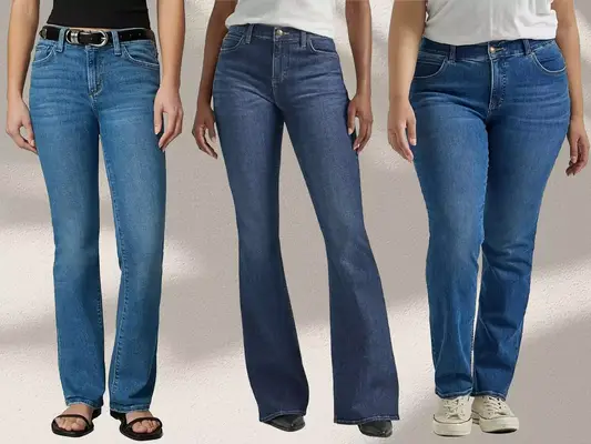 Three women wearing different pairs of jeans