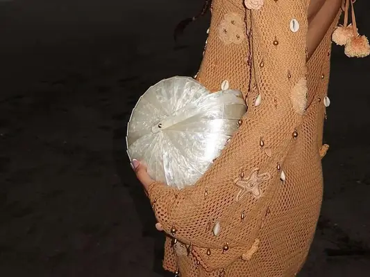 Close-up of woman carrying pearl shell bag and wearing mesh dress