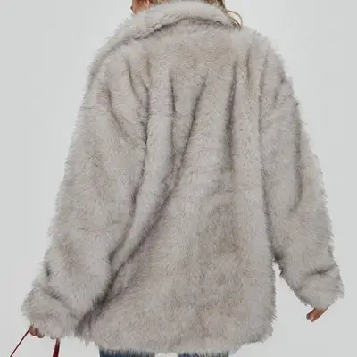 model wearing brown faux fur jacket