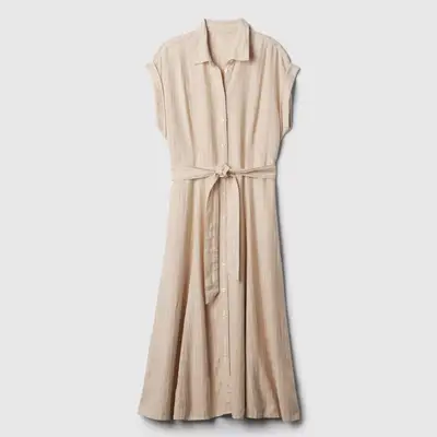 Off-white Gap linen dress with buttons, collar, and fabric belt