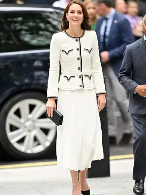 Kate Middleton wearing a cream set with black detailing