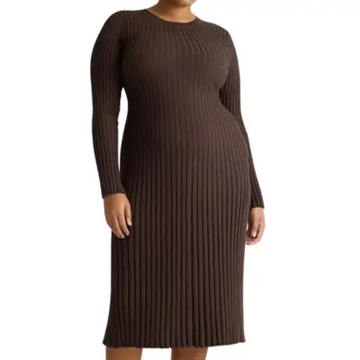 model wearing a brown midi dress