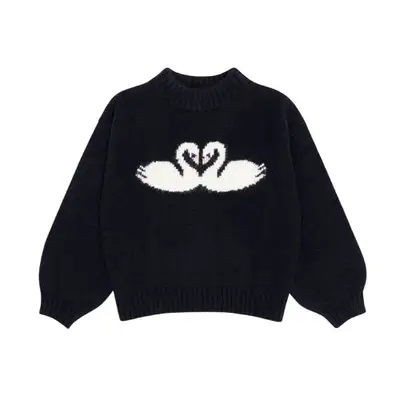 black sweater with two swans
