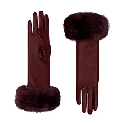 Cornelia James Lucie Leather Glove in burgundy with fur trim
