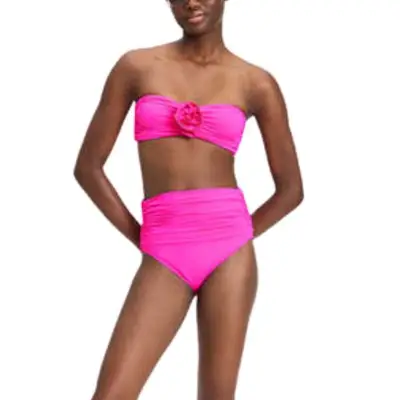model wearing a hot pink bikini with rosette detail