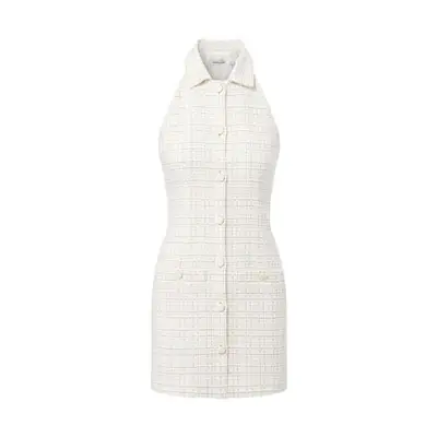 short white sleeveless tweed dress