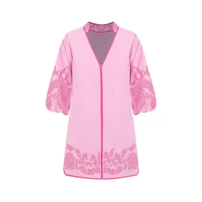 pink caftan with embroidered details at the sleeve and bottom