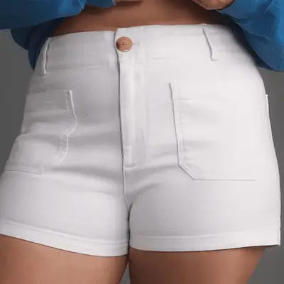 Maeve The Colette Shorts in white on model styled with blue sweatshirt