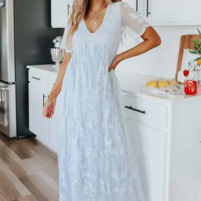 V-Neck Light Blue Lace Empire Maxi ($69)