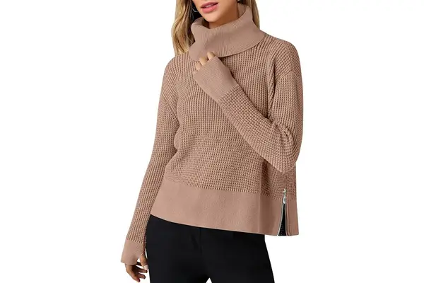 ANRABESS Womens Turtleneck Long Sleeve Sweaters Waffle Knit 