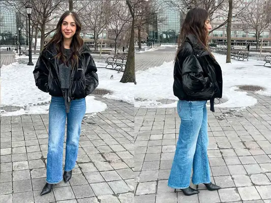 Two photos of a person wearing a black coat and Mother Denim The Bookie Flood