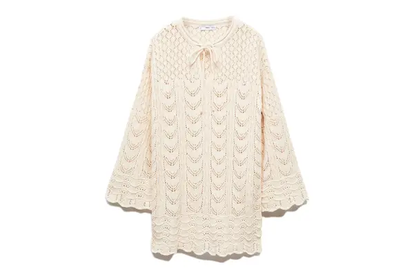 Open Stitch Belted Flare Long Sleeve Minidress MANGO