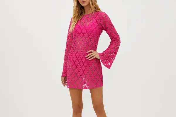 Goldie Lace Long Sleeve Cotton Blend Cover-Up Dress Beach Riot