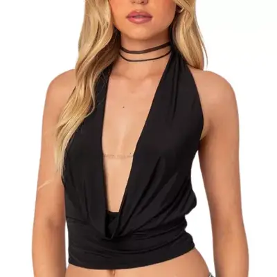 Edikted Deep Cowl Neck Open Back Top in black with chain detail on model styled with chokers