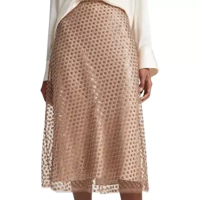Vince Beaded Sequin Straight Skirt in beige on model