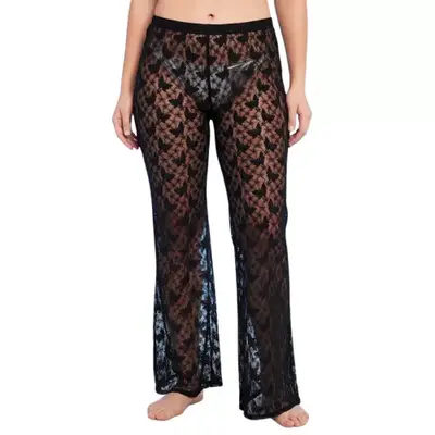 Wild Fable Sheer Lace Flare Cover Up Pants in black on model styled with silver bikini bottom