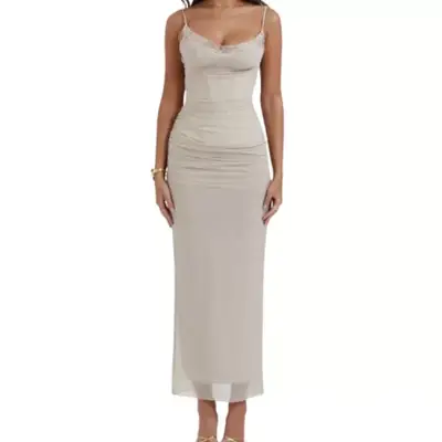 House of CB Nalini Mesh Corset Cocktail Dress in sand on model