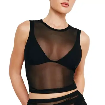 Good American Mesh Tank Top in black on model