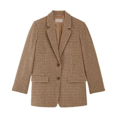 Everlane The Oversized Blazer in camel and brown houndstooth wool