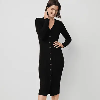 Black cashmere sweater dress on model