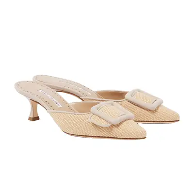 Manolo Blahnik Maysale 50 Raffia Mules in beige