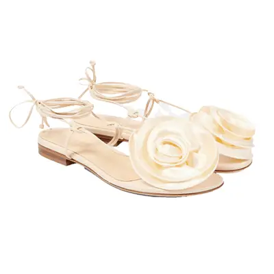 Magda Butrym Floral Leather Sandals in cream with ankle wrap