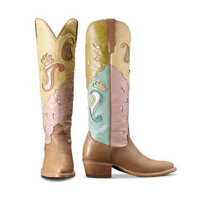 Tecovas The Abby Tall Cowgirl Boot in paisley yellow, mint, pink, and brown