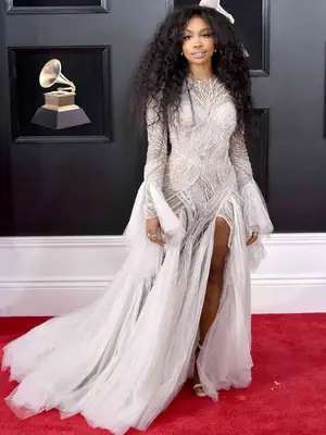 SZA wearing a long silver tulle dress with glitter detailing on the 2018 Grammys red carpet