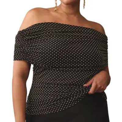 Maeve Off-the-Shoulder Mesh Top in black and white polka dot on model