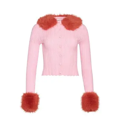Guizio Heart Pointelle Knit Cardigan in pink with red fur detail