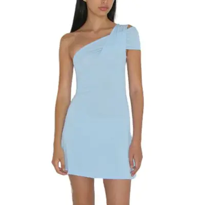 Paloma Wool Asymmetric Mini Dress in light blue on model