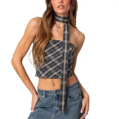Edikted Plaid Two Piece Scarf Top in neutral multi on model styled with bow necklace and denim shorts