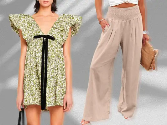 Two fashion outfits side by side, one a floral dress with ruffled sleeves, the other wide-legged beige pants and a white top