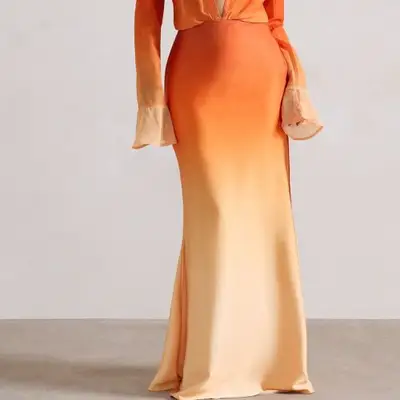 Orange Ombre Satin Split Maxi Skirt 