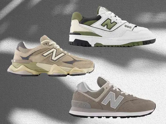 Collage of New Balance sneakers, including styles 550, 9060, and 574, on a colorful background