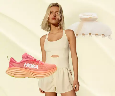 A collage of a gym outfit idea, including a butter yellow romper, coral pink sneakers, and a cream claw clip.
