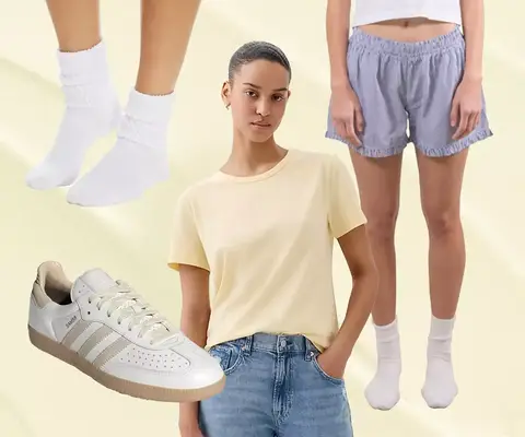 A casual spring outfit idea collage, including a butter yellow T-shirt, striped blue boxer shorts, nude and white sneakers, and white socks.