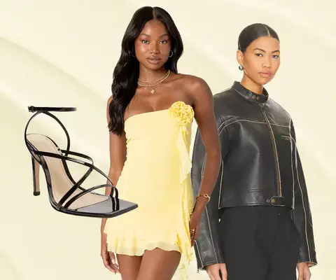 A spreing date night outfit collage, with a butter yellow mini dress, oversize black leather moto jacket, and black strappy heels.