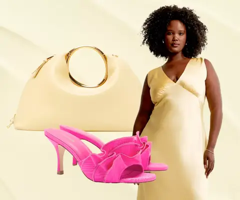 A spring wedding guest outfit idea collage, with a butter yellow gown, butter yellow purse, and fuchsia ruffle heels.