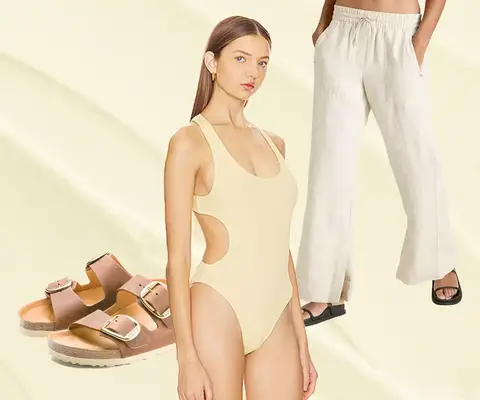 A vacation outfit idea collage, with a butter yellow one piece swimsuit, white linen pants, and light brown buckle sandals.