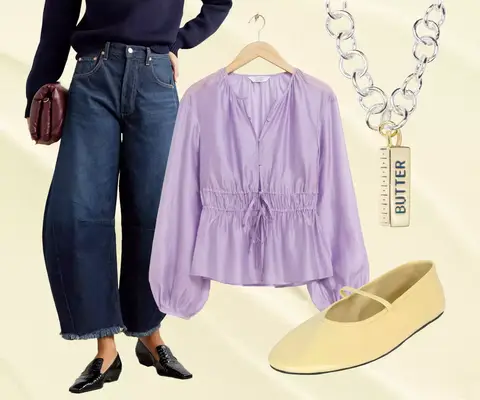 A spring outfit idea collage, including dark wash barrel jeans, a purple puff long sleeve blouse, butter yellow flats, and a stick of butter necklace.