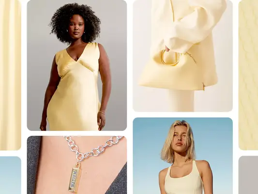 A collage of butter yellow spring outfit ideas, including a dress, necklace, and handbag.